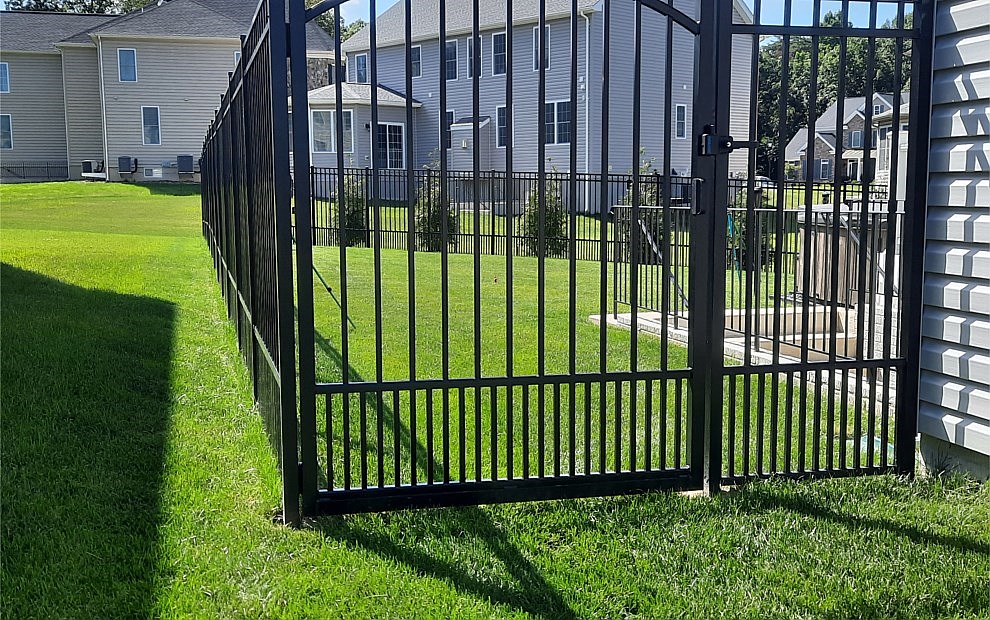 6' high Alumi-Guard Standard Black Commercial Grade Ascot Puppy Picket Aluminum Fence with Arched Single Walk Gate with Armor Latch