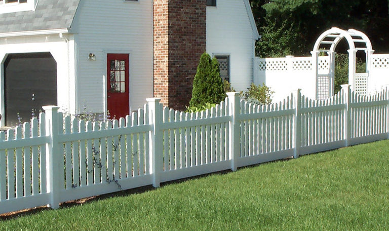 3 Picket - scalloped dog earred CONTEMPORARY picket AND PRIVACY TONGUE AND GROOVE WITH LATTICE TOP AND ARBOR WITH GATE Vinyl