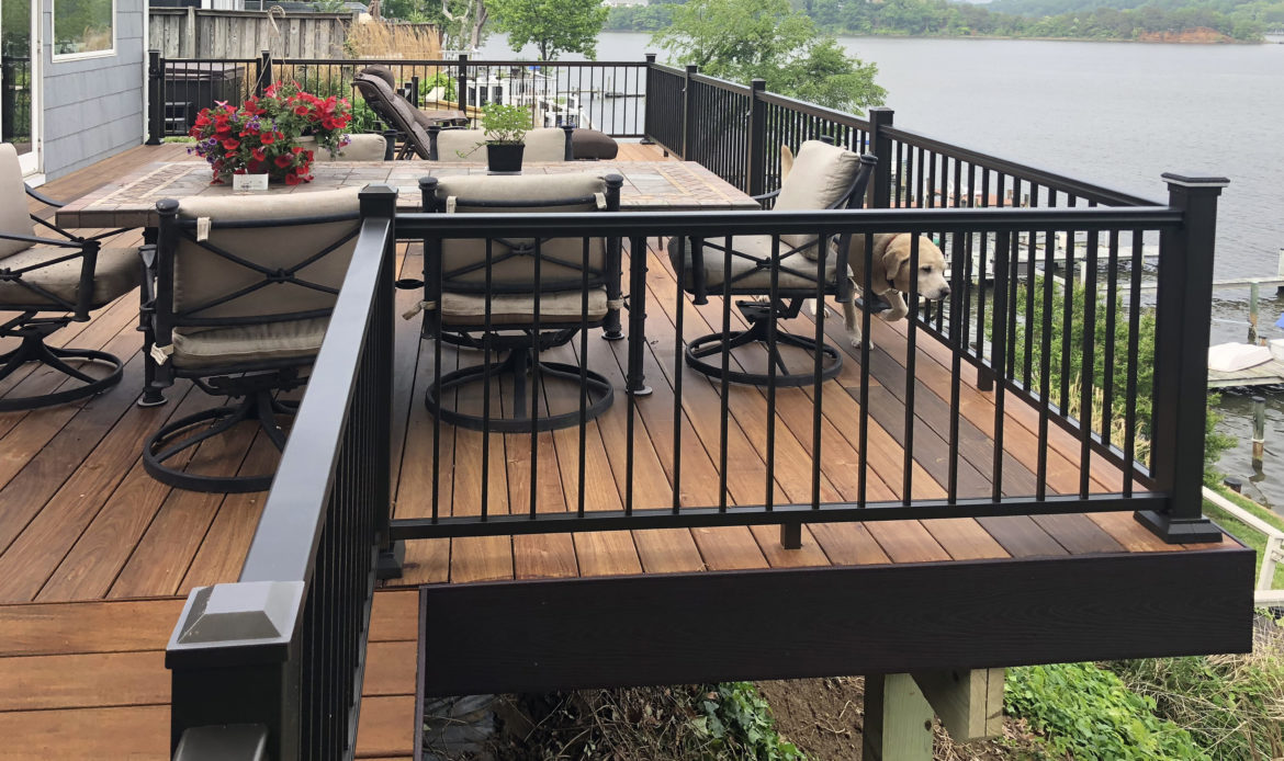 Waterfront Ipe Brazilian Hard Wood Deck with Ultralox Black Aluminum Railing + Black Vinyl Fascia Wrap