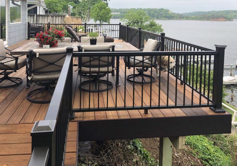 Waterfront Ipe Brazilian Hard Wood Deck with Ultralox Black Aluminum Railing + Black Vinyl Fascia Wrap