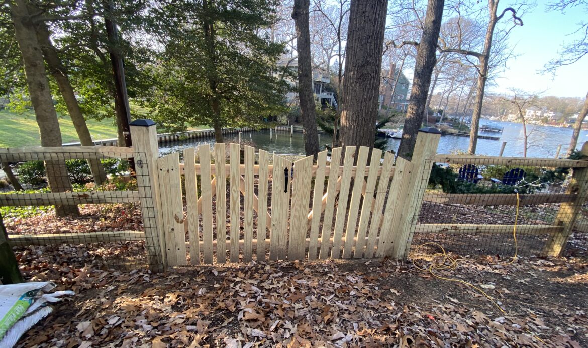 3-Rail Split Rail Fence with Black Mesh and single spaced picket drive gate