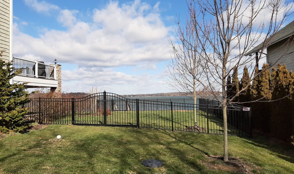 3-rail flat top Ascot style black aluminum fence with double arched gate