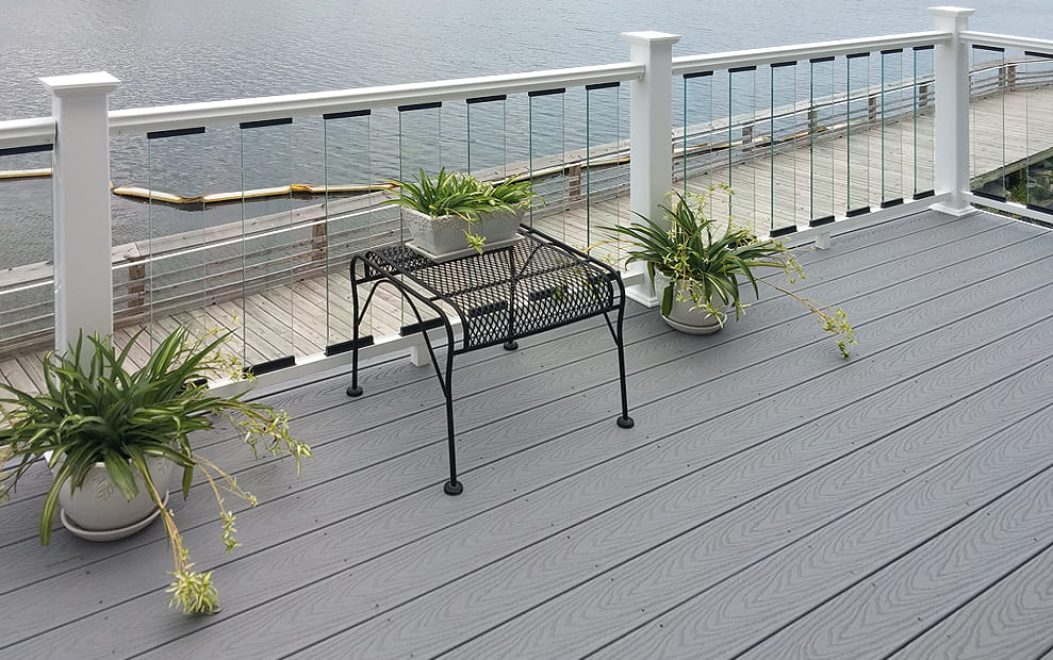 17-Trex Select Pebble Gray Composite Deck Board with White Composite Railing with Glass Pickets