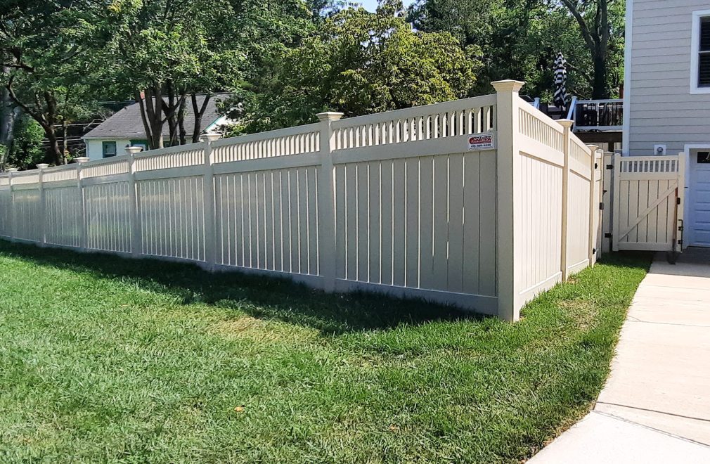 6 foot high 6 inch semi privacy tan vinyl fencing with closed tan vinyl square spindles plus single walk gate