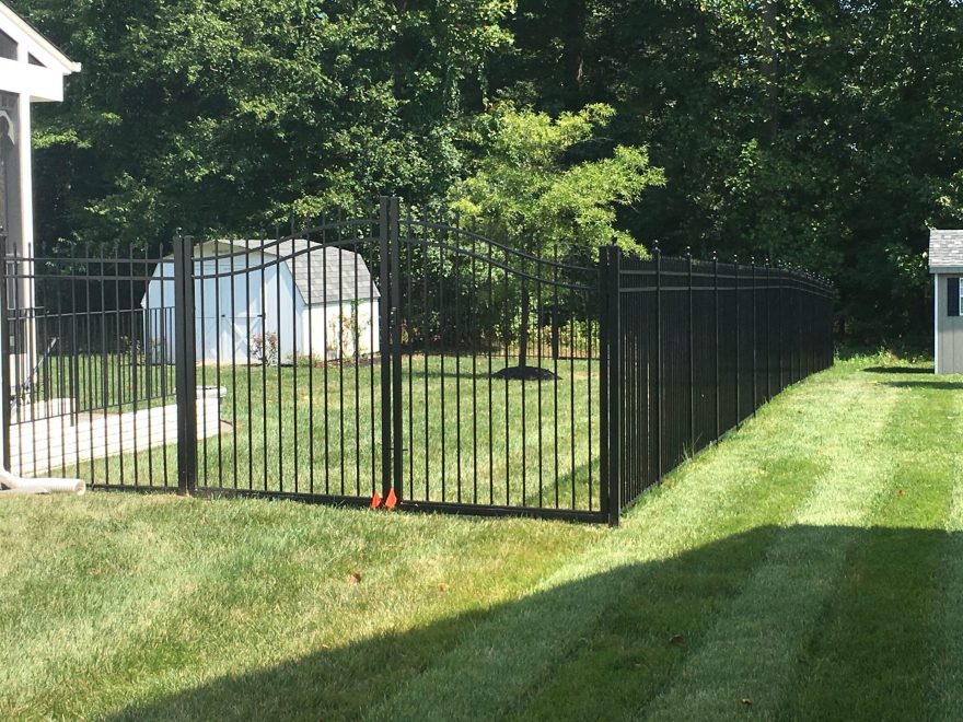 6 foot high Belmont 3 Rail Alumi Guard Aluminum Fence with Ball Post Caps and Double Arched Gate