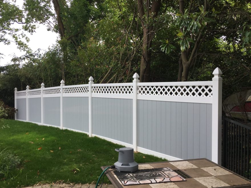 6 foot hight Two Tone Vinyl Privacy Fence with What and Gray Vinyl and Lattice Top with Coachman style post caps (2)