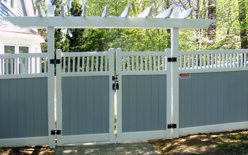 8 Privacy - 6 foot T & G 2 tone white and gray w white closed spindles Vinyl AND DOUBLE GATE WITH TRELLIS