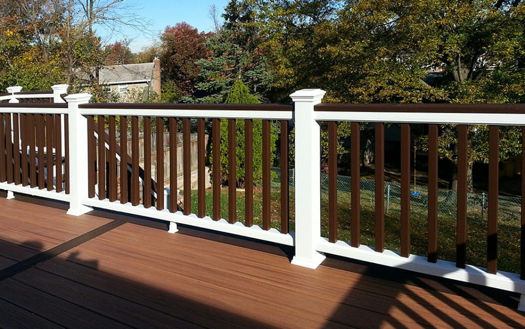 9-Trex Composite Posts in white with cocktail rail and vintage lantern square balusters