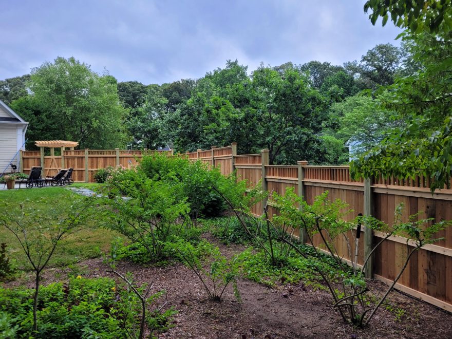 Level and Stepped 5 foot, 6 foot, 7 foot, then 6 foot Cedar Vertical Board Fence w 6x6 Pressure-Treated Posts, Cedar Closed Spindles