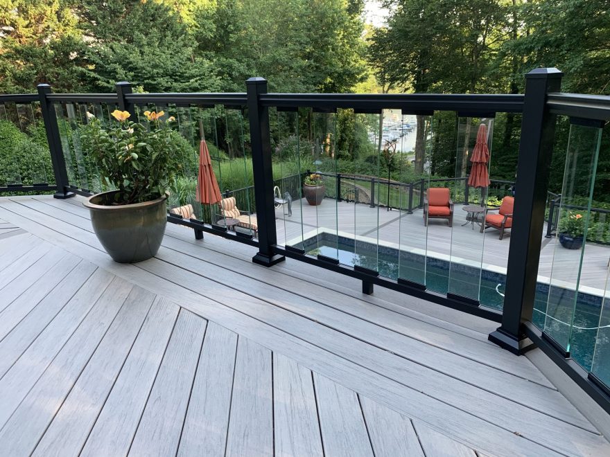 TimberTech Legacy Ashwood Composite Decking + Ultralox Aluminum Railing with glass picket infills - 2 level deck with pool - Copy