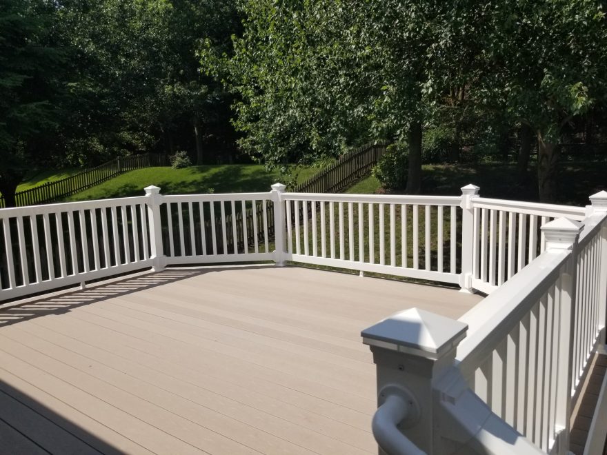 TimberTech Terrain Sandy Birch Deck Boards with White Vinyl Railing and Post Cap Lights in Columbia MD