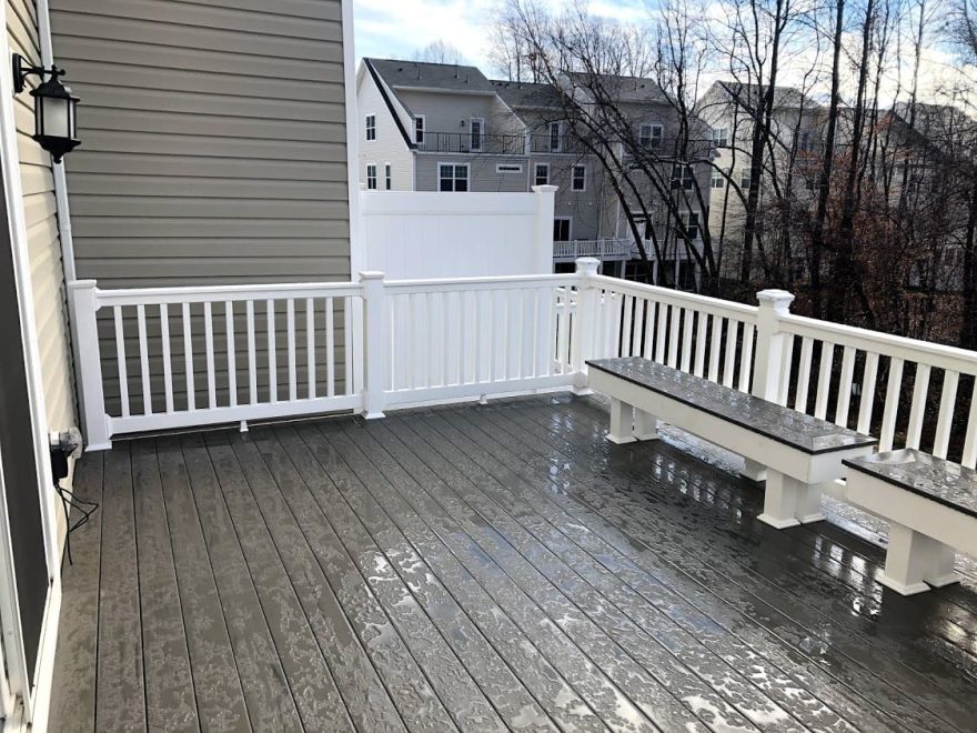 TimberTech Terrain Silver Maple with White Washington Vinyl Railing with matching benches in Gambrills MD