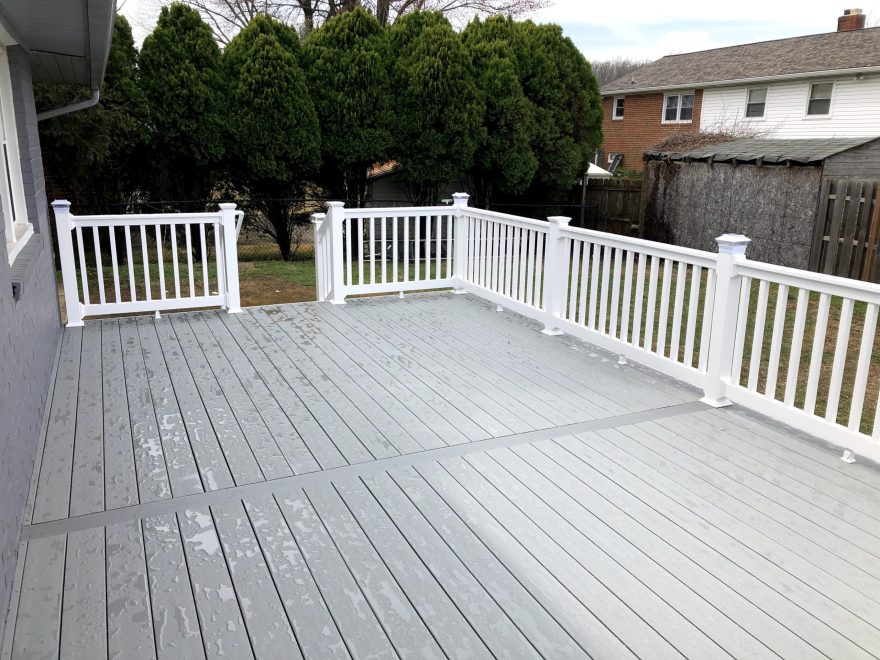 TimberTech Terrain Stone Ash Deck Boards with White Washington Vinyl Railing and Post Cap Lights in Upper Marlboro MD