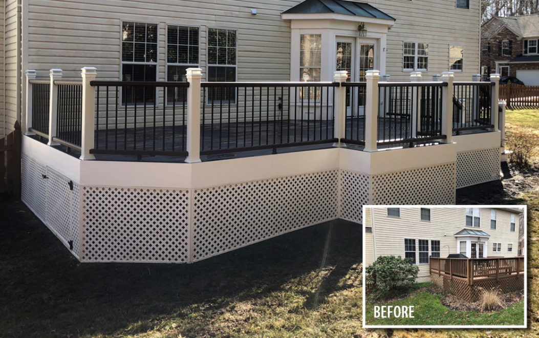 Trex Vintage Lantern railing with Black Aluminum Balusters and white Vinyl rail posts + White Vinyl Facsia and Lattice around perimeter of deck