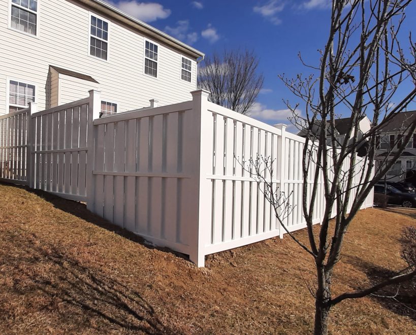 White Vinyl Board on Board Privacy Fence Corner Shot